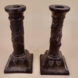 Older Nippon Brown Clay Dragonware Candlesticks signed