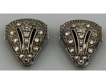 Pinzas para vestido Art Déco de plata de ley con marcasita, par, estilo vintage de los años 30, diseño de abanico y escudo, 2,5 cm (1 pulgada)