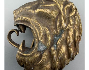 Klamra do paska z mosiądzu w stylu vintage z głową lwa, rycząca, ciężka, 2,75 cala, numerowana