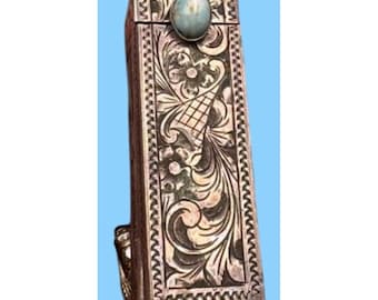 Vintage Lipstick Holder 800 Silver Case Blue Cabochon Etched 32gm