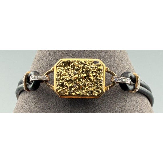 Vintage Bracelet Pyrite Druzy Fools Gold Sterling Setting Leather Band 7"