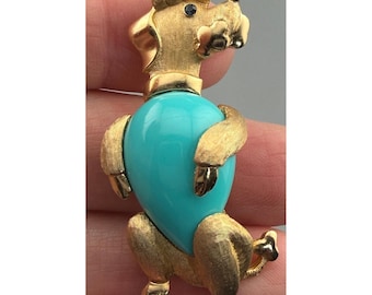 Vintage Trifari Brooch Poodle Dog Teal Blue Teardrop Belly Rhinestone Eye2"