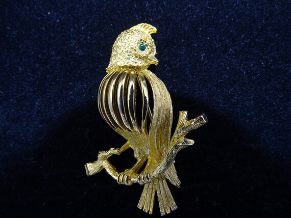 Gold Tone Bird Brooch Open Framework with Green S… - image 1
