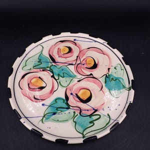 Mexican Ceramic Pink Poppy Floral Art Tray Raised Edges Artist Signed