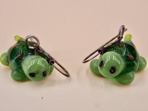 Vintage Green Glass Turtle Wire Earrings - image 2