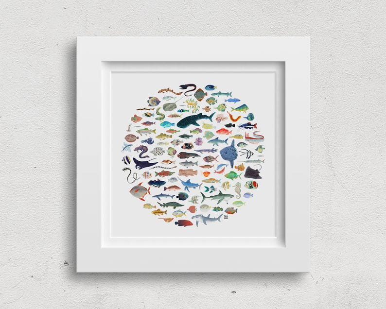 Wall Art Print 100 Fish Circle Illustration image 1