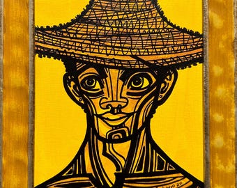 Portrait of Boy with Hat. Original Art. Muchacho con Sombrero. Guajiro. Country Boy Painting. Modern Art