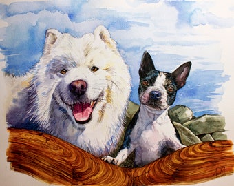 12x16" Pet Portrait Watercolor Painting by Request - 2 Subjects