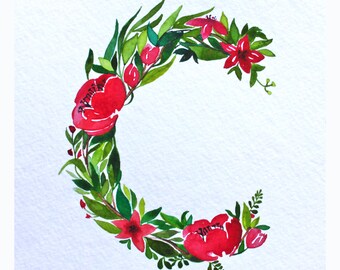 Original Watercolor Floral Monogram, Custom letter. Baby Shower Gift. Nursery Decor
