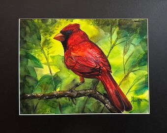Original Red Cardinal Watercolor Painting on Arches Paper