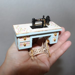 Dollhouse furniture, Miniature Sewing Machine , Treadle Sewing Machine hand-painted with roses, shabby chic decor, 1/12 Scale
