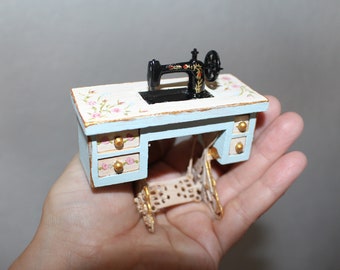 Dollhouse furniture, Miniature Sewing Machine , Treadle Sewing Machine hand-painted with roses, shabby chic decor, 1/12 Scale
