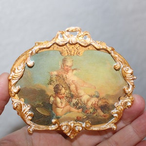 Dollhouse furniture Miniature, wall plaque, picture cherubs, angels, French, hand-made and painted frame,  1/12 scale