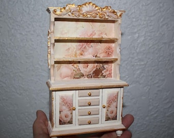Miniature Kitchen Cabinet w  roses, Hutch,  French style cupboard, Dollhouse furniture, 1/12 Scale