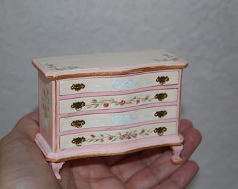 Miniature Dresser, Dollhouse furniture, hand-painted, French style Roses 1/12 Scale
