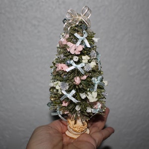 Miniature Victorian Christmas Tree, 1:12 Scale Dollhouse Decor, Romatic style with blue bows