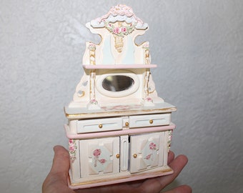 Dollhouse furniture, Miniature Hutch, 1/12 Scale Cabinet hand-painted, French style armoire, Rose appliques