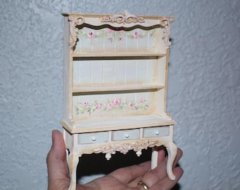 Miniature Shelf w roses creme/ French blue, Dollhouse furniture, hand-painted, French style 1/12 Scale