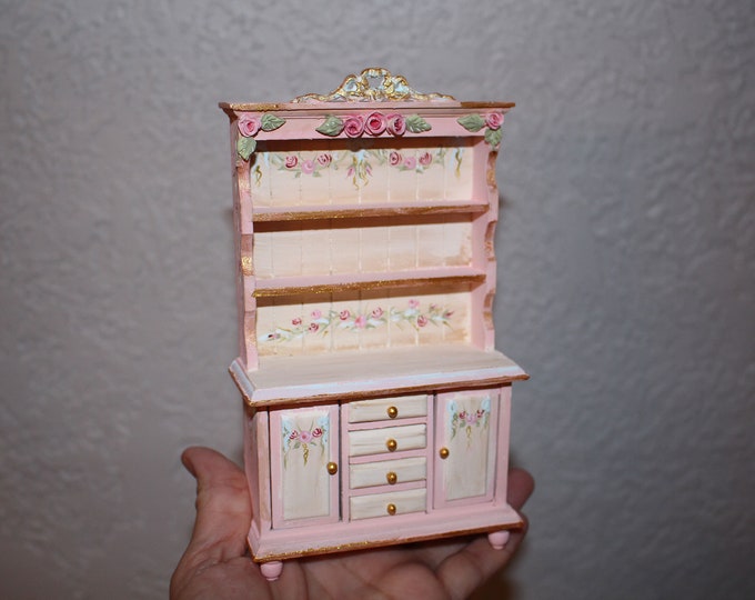 Miniature Kitchen W Handsculpted Roses, Handpainted Hutch