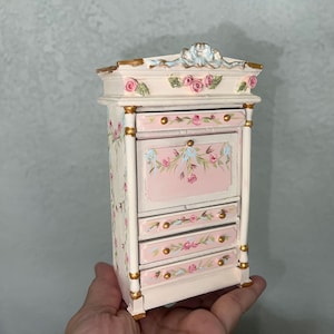 Miniature Desk, Secretaire  w hand-sculpted roses, hand-painted in French style, Dollhouse furniture 1/12 Scale