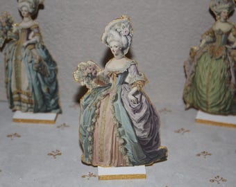 Marie Antoinette miniatuur papieren pop, Franse rococo dame pop, handgemaakt, poppenhuis schaal 1:12, voor feest rekwisieten theekransjes tafeldecor,