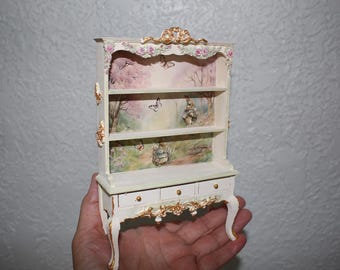 Miniature Shelf Bunnies Scenery, Dollhouse furniture w roses, French style 1/12 Scale