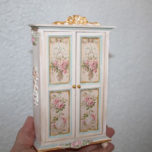 Miniature Cabinet, Dollhouse furniture, closet hand-painted & print, French style armoire, Roses 1/12 Scale, seagreen