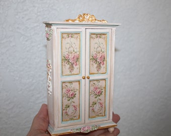 Miniature Cabinet, Dollhouse furniture, closet hand-painted & print, French style armoire, Roses 1/12 Scale, seagreen
