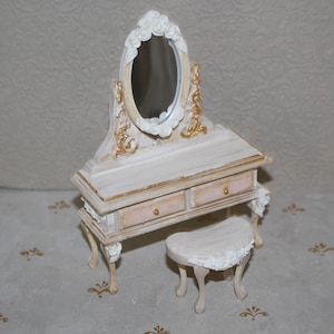 Miniature Vanity Table w Swivel Mirror and Bench with hand-sculpted roses, Dollhouse furniture 1/12 Scale