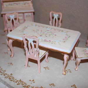 Miniature Rococo Dining Set, Table and 4 chairs hand-painted, French style dollhouse furniture