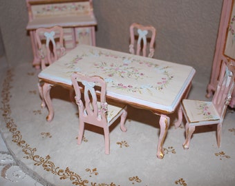 Miniature Rococo Dining Set, Table and 4 chairs hand-painted, French style dollhouse furniture