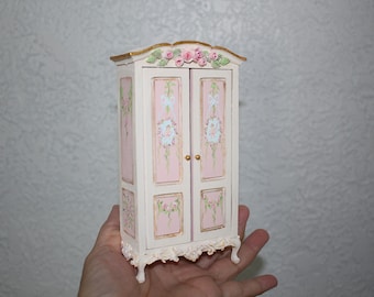 Miniature Cabinet, 1/12 Scale Dollhouse Furniture, French style Armoire, hand-painted with cherubs/bows/flowers & hand-sculpted roses