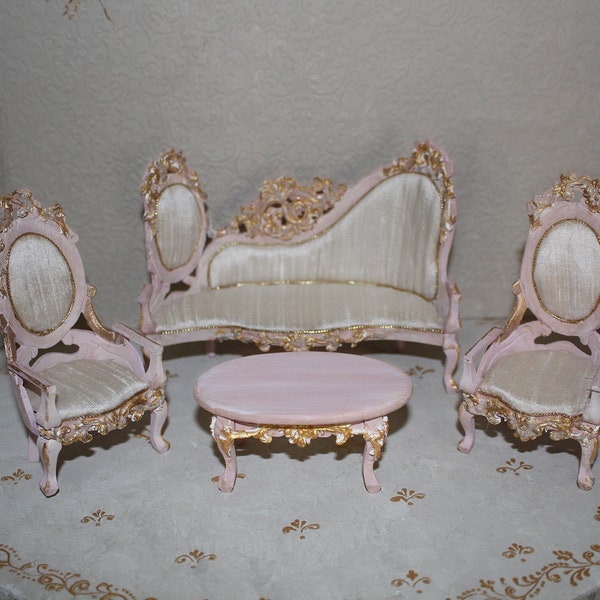 Miniature Pink Couch, 2 Chairs and Table, Set 4pcs. French Rococo , 1/12 Scale Dollhouse Furniture