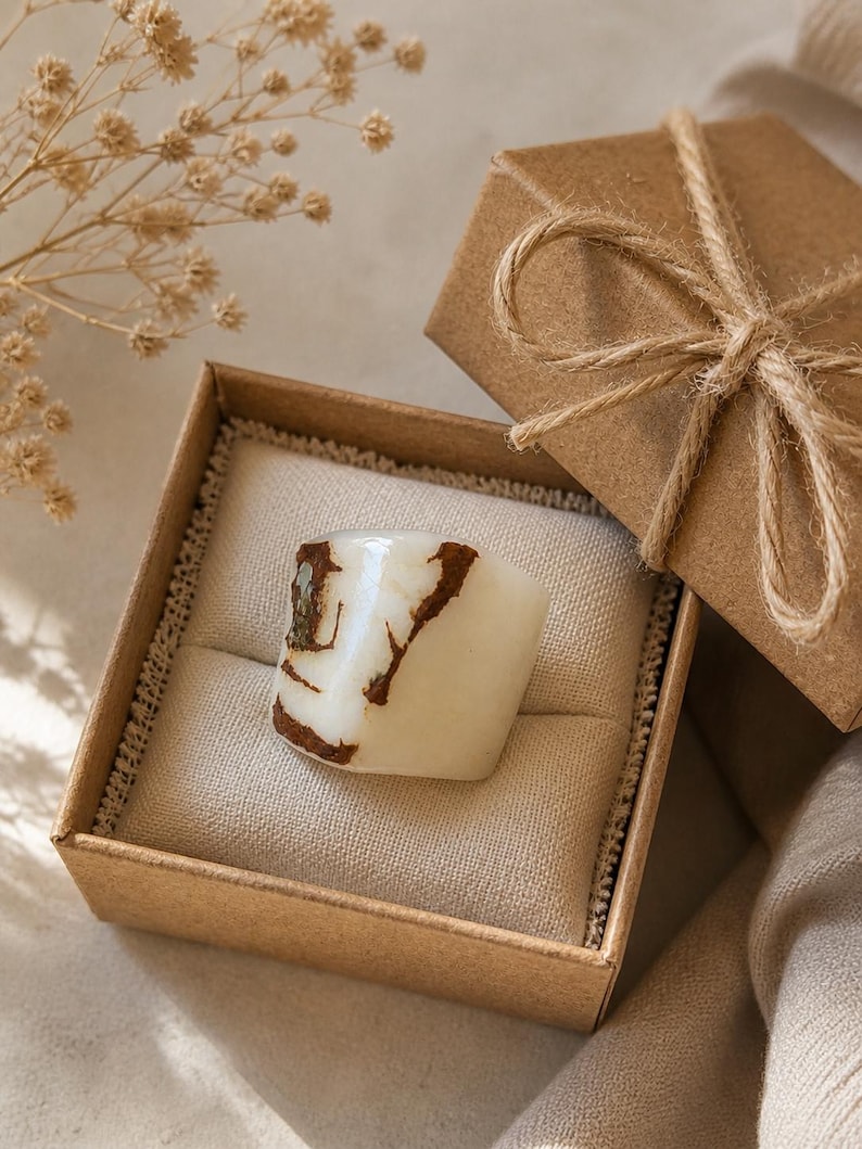 May include: A white and brown ring is displayed in an open brown gift box with a beige interior. The ring has a unique, organic shape with brown veining. The box is tied with twine, and a sprig of dried flowers is in the background.
