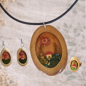 Handmade Cottagecore Jewelry Set, Miniature Garden Necklace Earrings and Ring, Botanical Gift for Her, Nature Inspired Floral Jewelry image 1