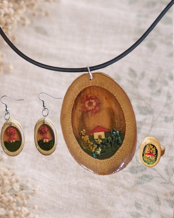 Handmade Cottagecore Jewelry Set, Miniature Garden Necklace Earrings and Ring, Botanical Gift for Her, Nature Inspired Floral Jewelry