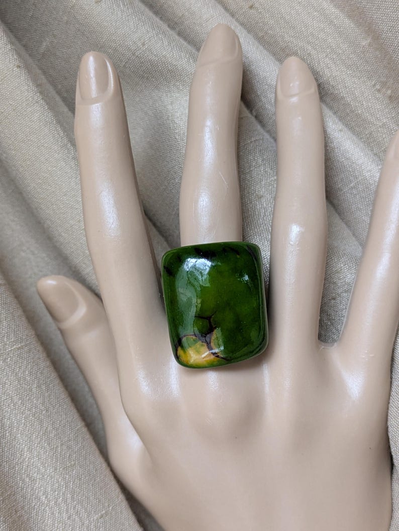 Green Tagua Ring, Chunky Statement Ring, Vegetable Ivory Jewelry, Eco Friendly Boho Ring 8 ring#2 US