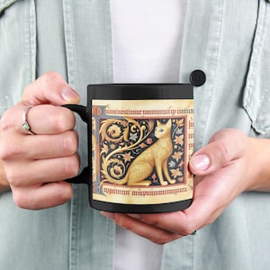 Medieval Cat Art Mug: Funny Bestiary Design, Witchy Gift