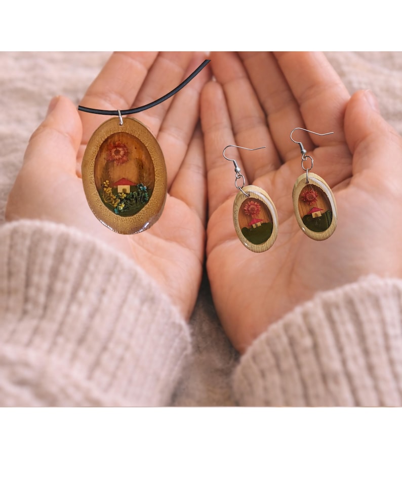 Handmade Cottagecore Jewelry Set, Miniature Garden Necklace Earrings and Ring, Botanical Gift for Her, Nature Inspired Floral Jewelry image 5