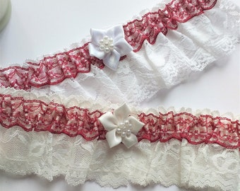 Lace Bridal Garter. White or Ivory with burgundy trim  & satin flower.