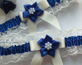 Bridal Garter. Ivory lace with royal blue satin trim.