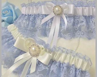 Bridal Garter. Blue lace with White or Ivory satin trim. Bows with Diamante & pearl detail.