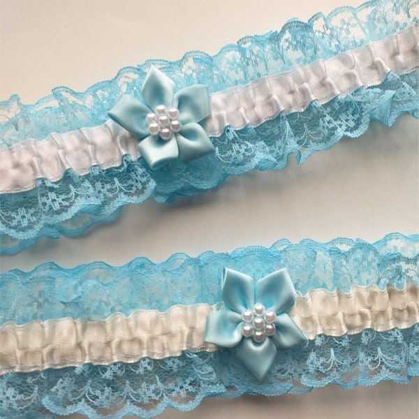 Blue lace Wedding Garter with white or ivory trim & satin flower with pearls