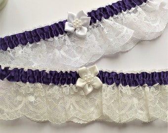 Lace Bridal Garter. White or Ivory with Purple trim & satin flower with pearls.