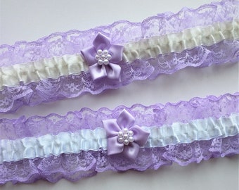 Bridal Garter. Lilac lace with white or ivory trim & satin flower with pearls.