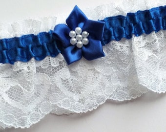 Lace Bridal Garter. White or Ivory with Royal Blue trim & satin flower with pearls.
