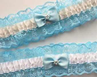 Blue lace Wedding Garter with white or ivory trim & satin bow with pearls
