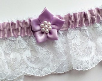 Lace Bridal Garter. White or Ivory with Lilac trim & satin flower with pearls.