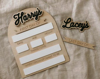 Letrero personalizado para el primer y último día de clases / Tablero de madera para hitos escolares / Accesorio fotográfico personalizado para niños / Recuerdo reutilizable para la vuelta al cole