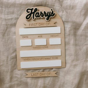 Op de afbeelding: Een houten bord met de naam "Harry's" in zwarte letters. Het bord heeft ruimte om informatie in te vullen over de eerste en laatste dag van iets, zoals een schooljaar of het eerste jaar van een baby. Het bord bevat de tekst "Eerste Dag Van:", "Datum:", "Leeftijd:", "Lengte:", "Dingen Die Ik Leuk Vind:", "Wanneer Ik Groot Ben Wil Ik Zijn:", en "Laatste Dag Van:".